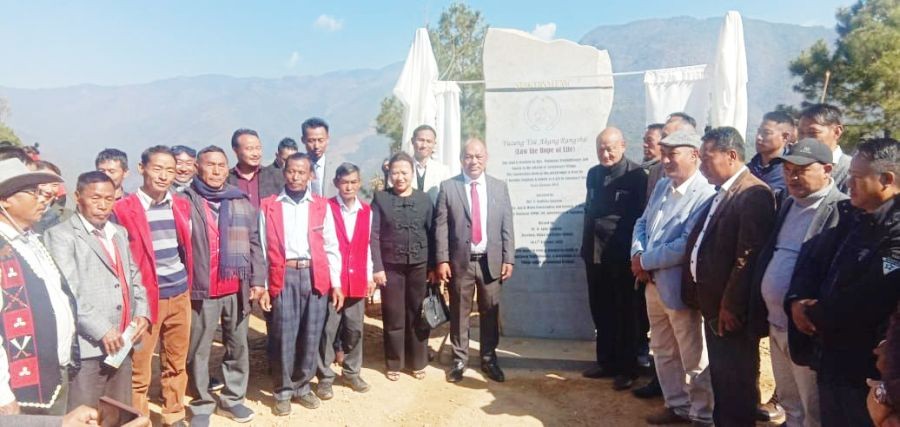 Minister V Kashiho Sangtam with others during the inauguration of public ground at Langzanger village. (Morung Photo)